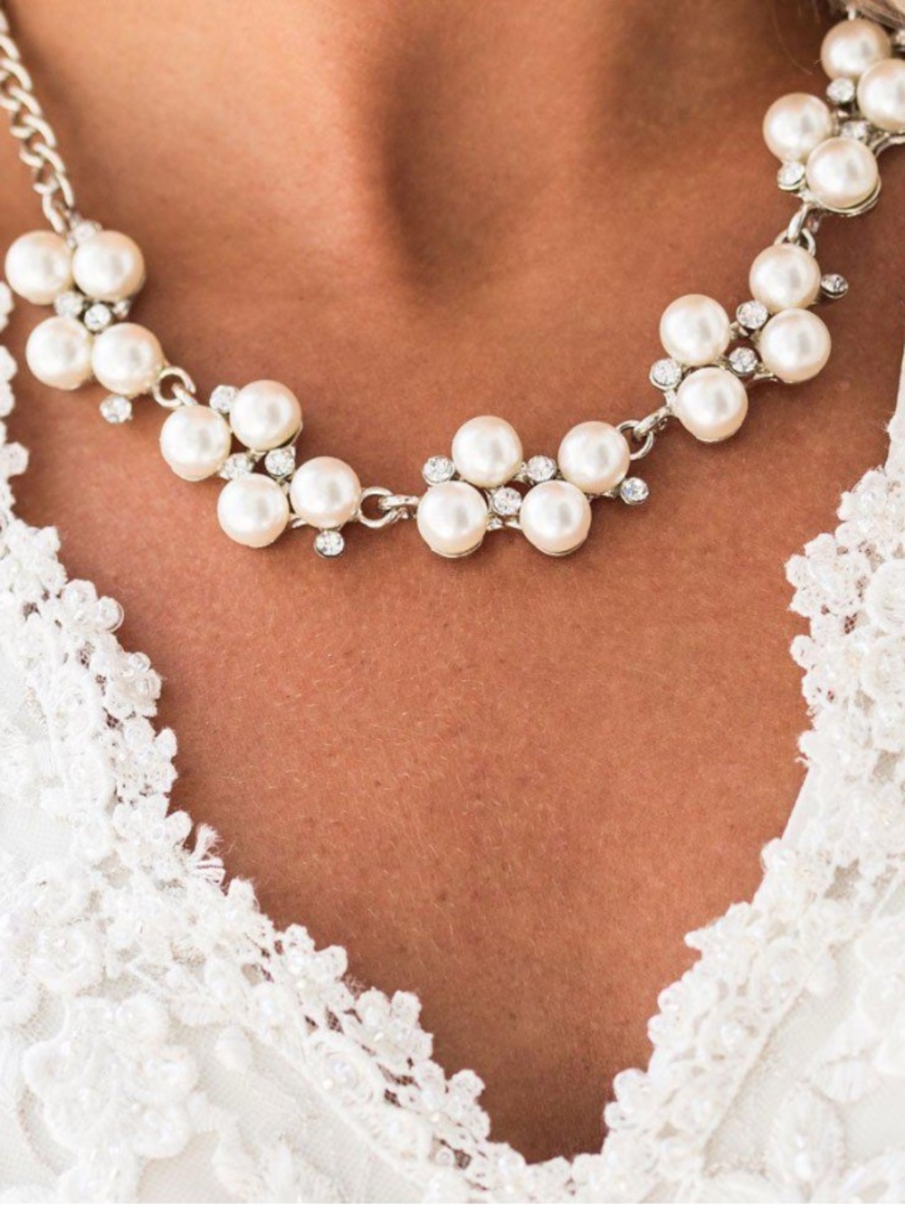 Pearl Cluster Rhinestone Necklace - White Earrings included.